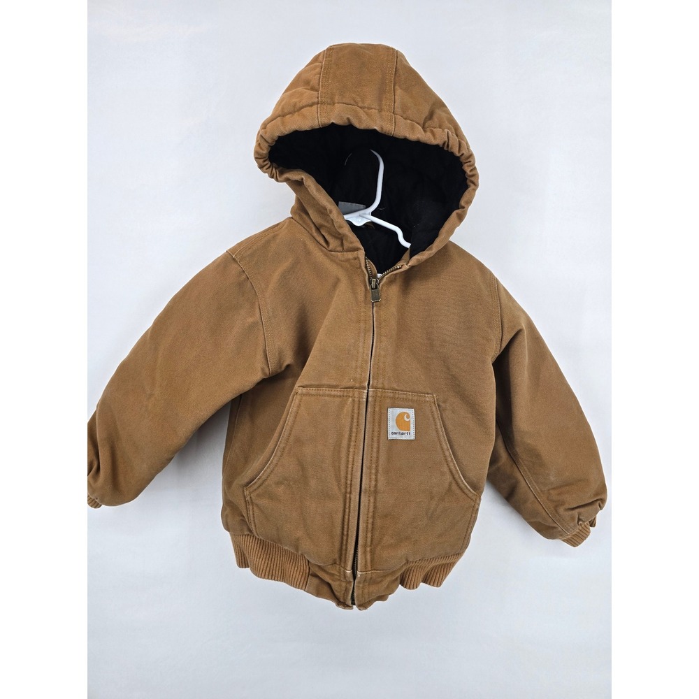 Carhartt Boys Brown Duck Canvas Quilted Flannel Lined Active Jacket XXS 4-5